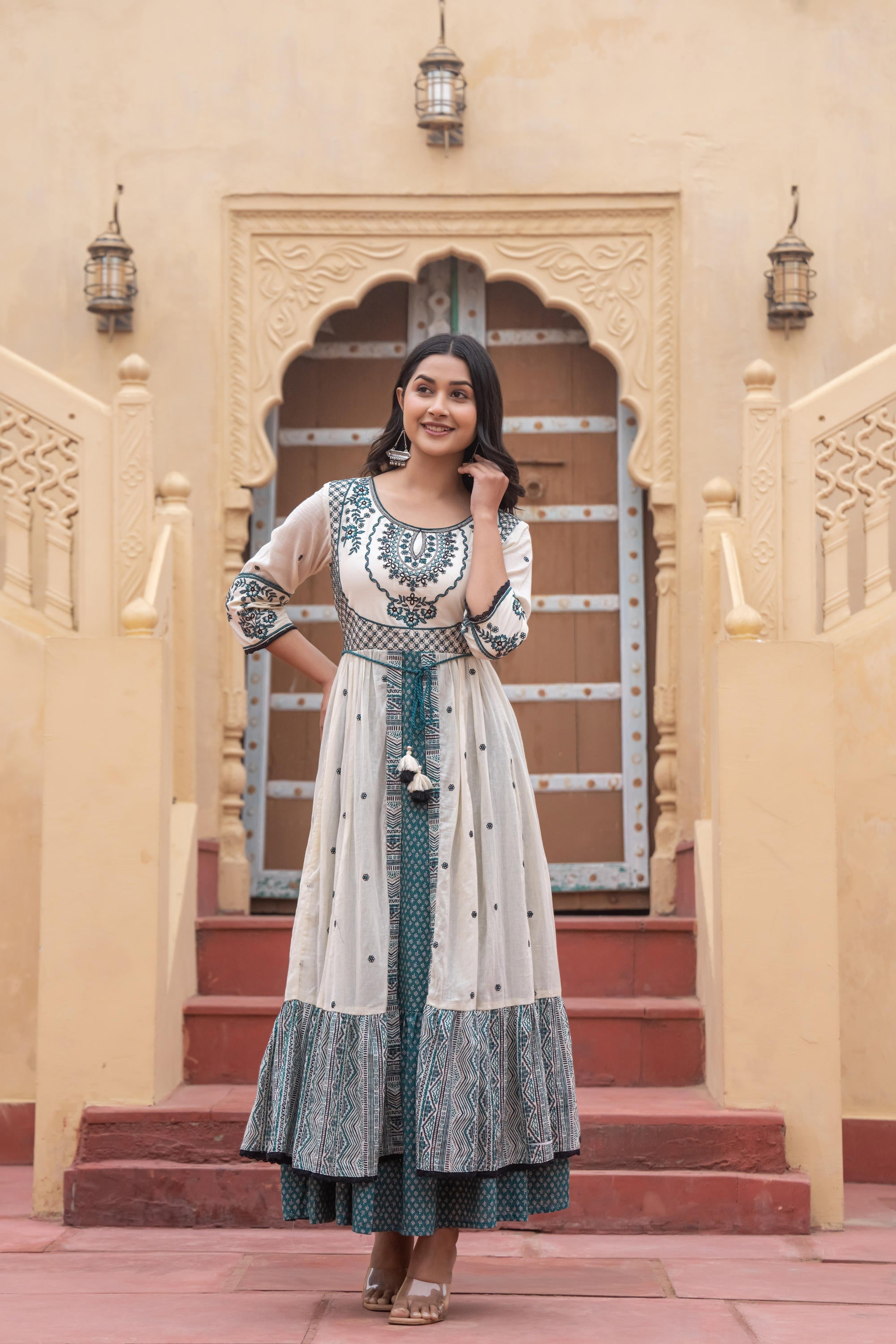 Juniper Off White & Teal Green Embroidered Tiered Ethnic Dress with Inner Layer