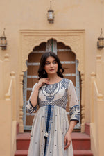 Thumbnail for Juniper Off White & Indigo Embroidered Tiered Ethnic Dress with Inner Layer