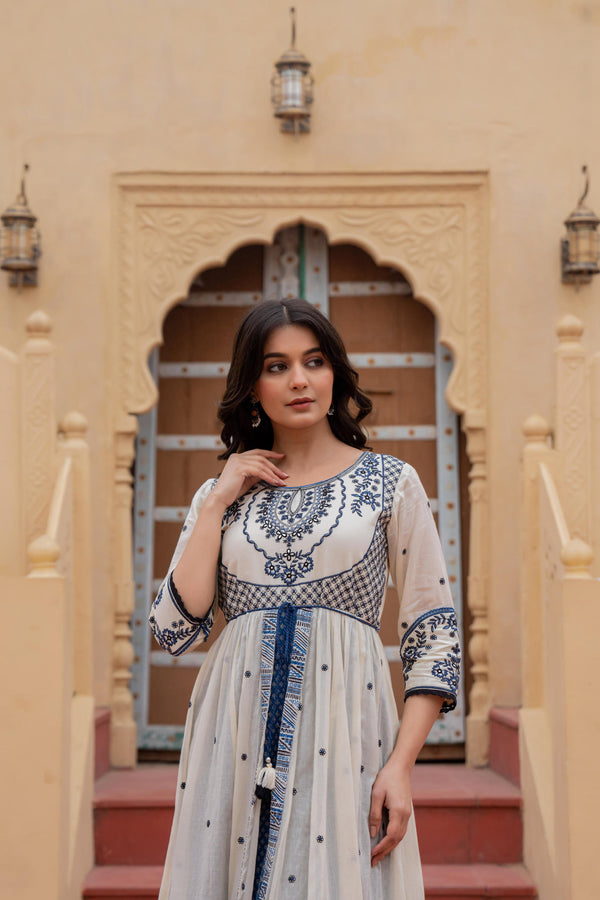 Juniper Off White & Indigo Embroidered Tiered Ethnic Dress with Inner Layer