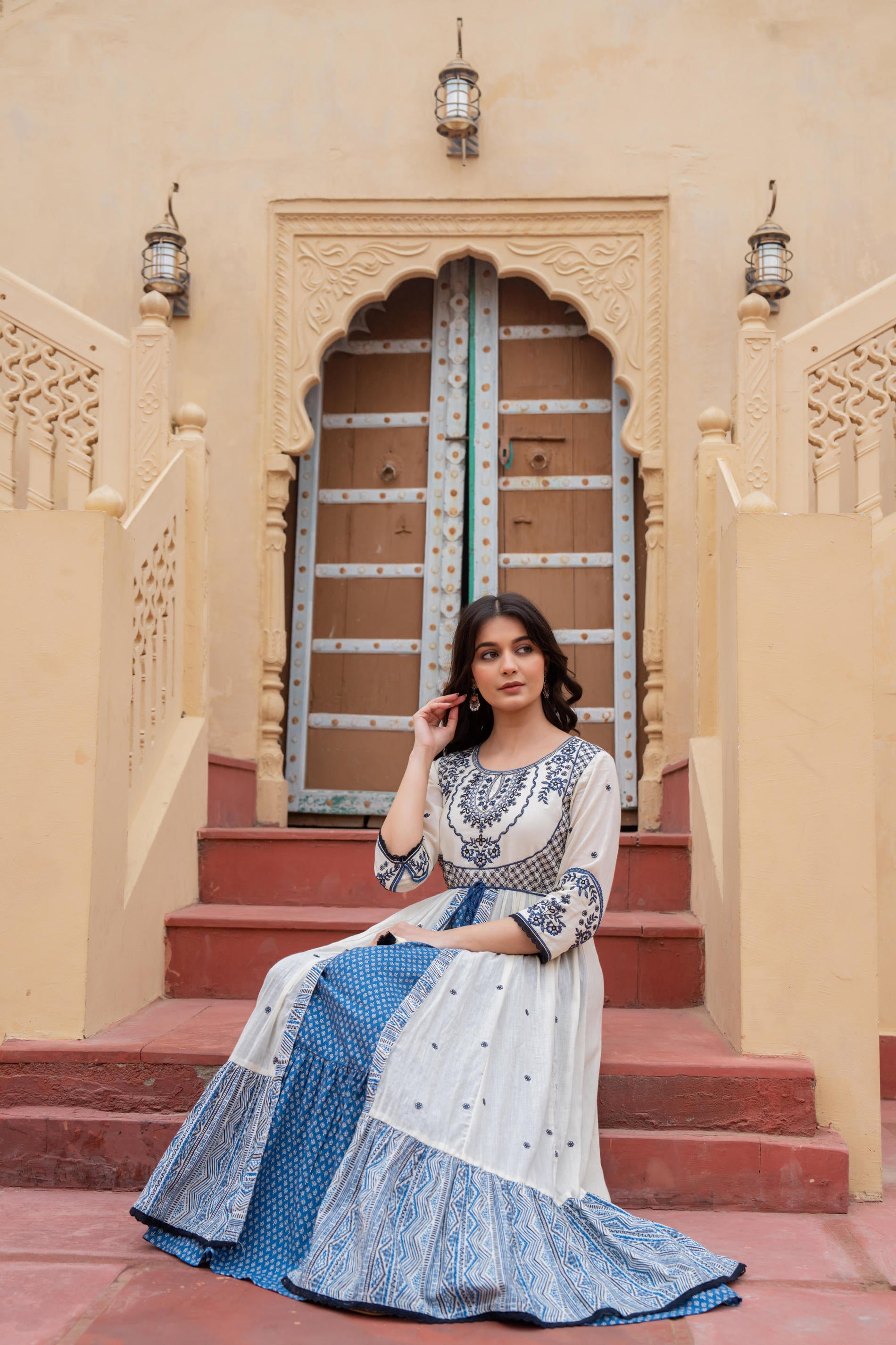 Juniper Off White & Indigo Embroidered Tiered Ethnic Dress with Inner Layer