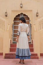 Thumbnail for Juniper Off White & Indigo Embroidered Tiered Ethnic Dress with Inner Layer