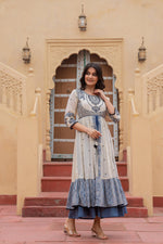 Thumbnail for Juniper Off White & Indigo Embroidered Tiered Ethnic Dress with Inner Layer