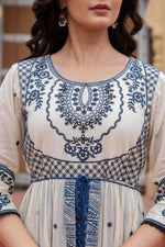 Thumbnail for Juniper Off White & Indigo Embroidered Tiered Ethnic Dress with Inner Layer
