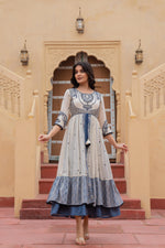 Thumbnail for Juniper Off White & Indigo Embroidered Tiered Ethnic Dress with Inner Layer