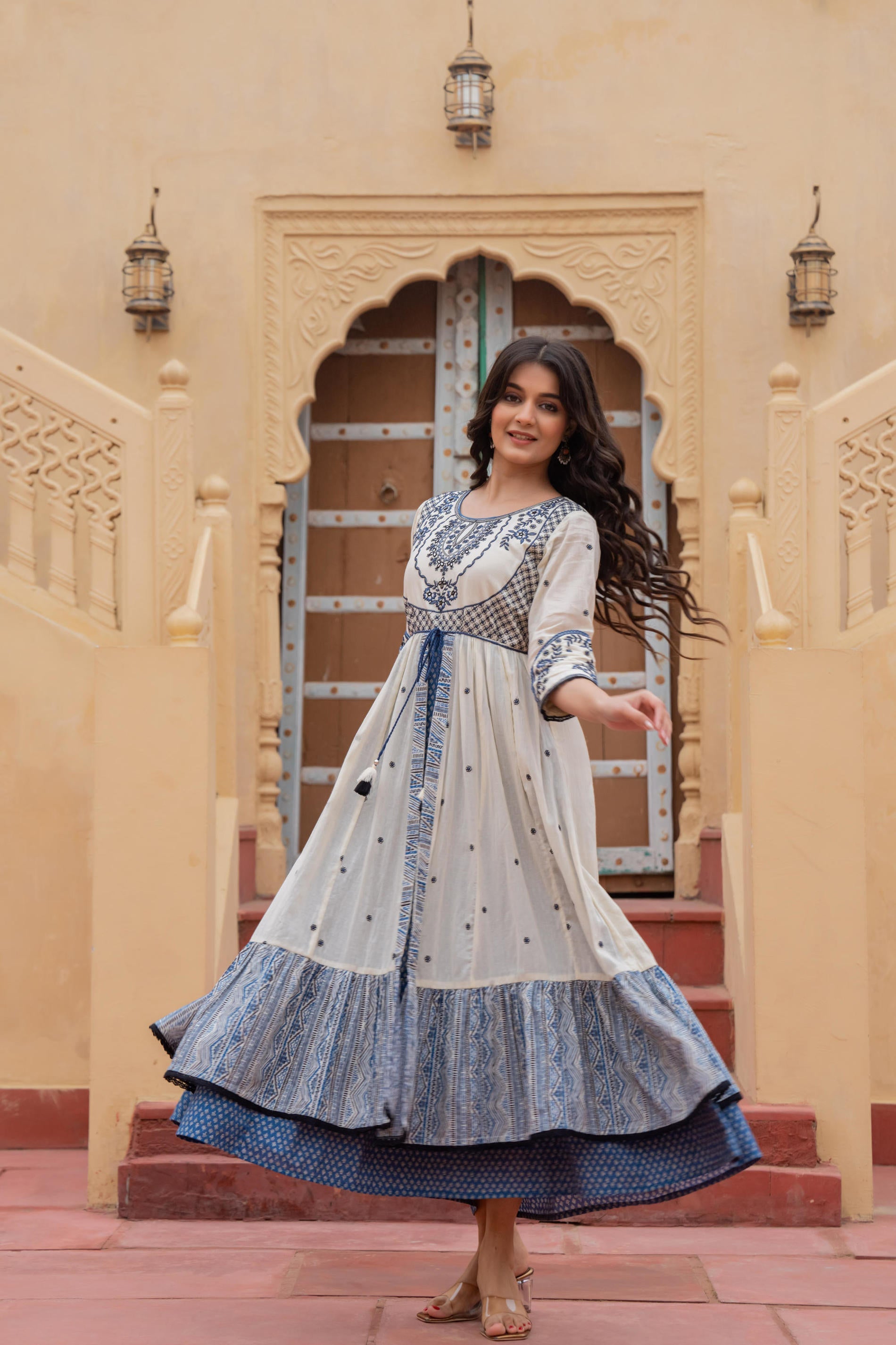 Juniper Off White & Indigo Embroidered Tiered Ethnic Dress with Inner Layer