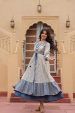 Thumbnail for Juniper Off White & Indigo Embroidered Tiered Ethnic Dress with Inner Layer