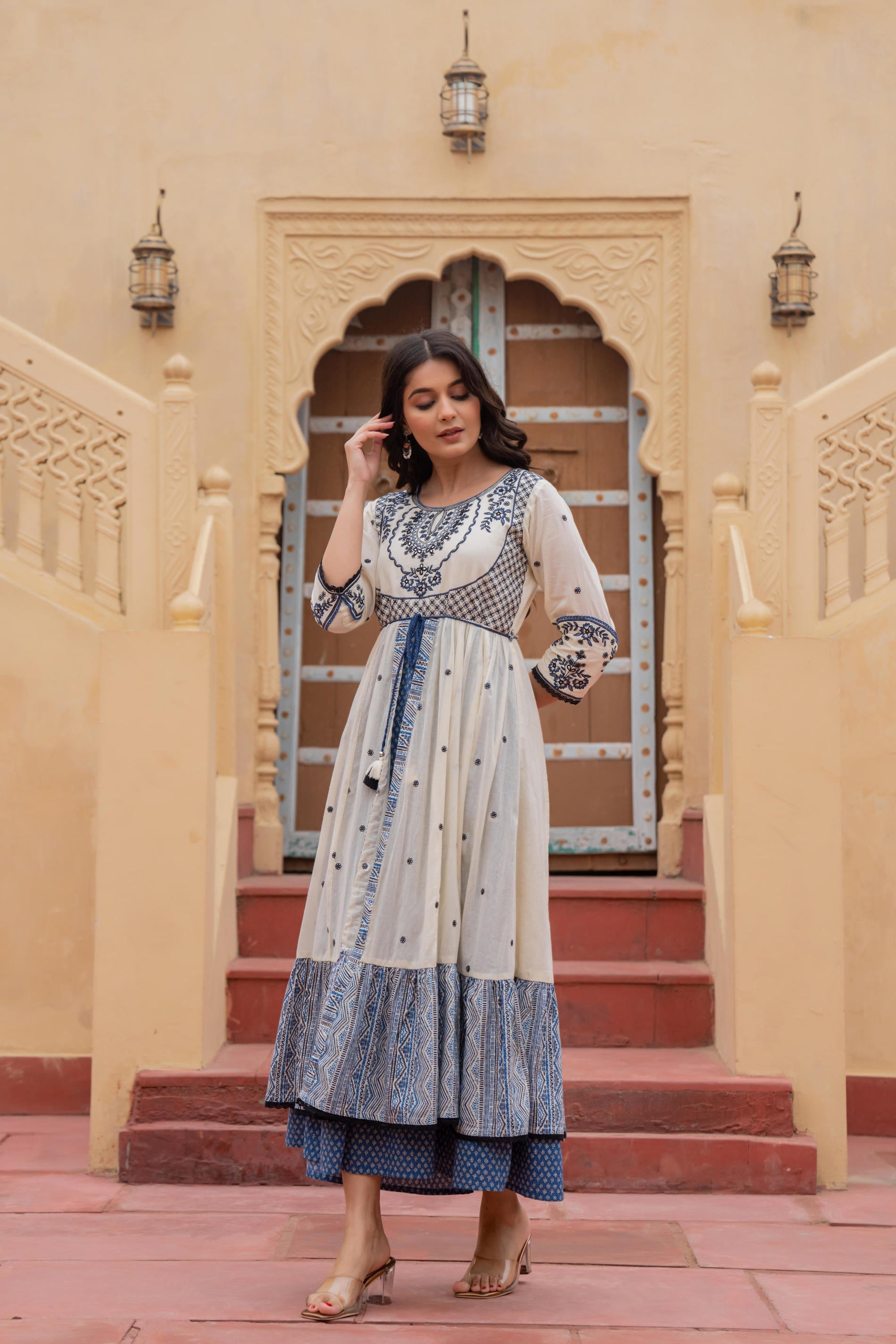 Juniper Off White & Indigo Embroidered Tiered Ethnic Dress with Inner Layer