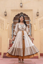 Thumbnail for Juniper Off White & Mustard Embroidered Tiered Ethnic Dress With Inner Layer
