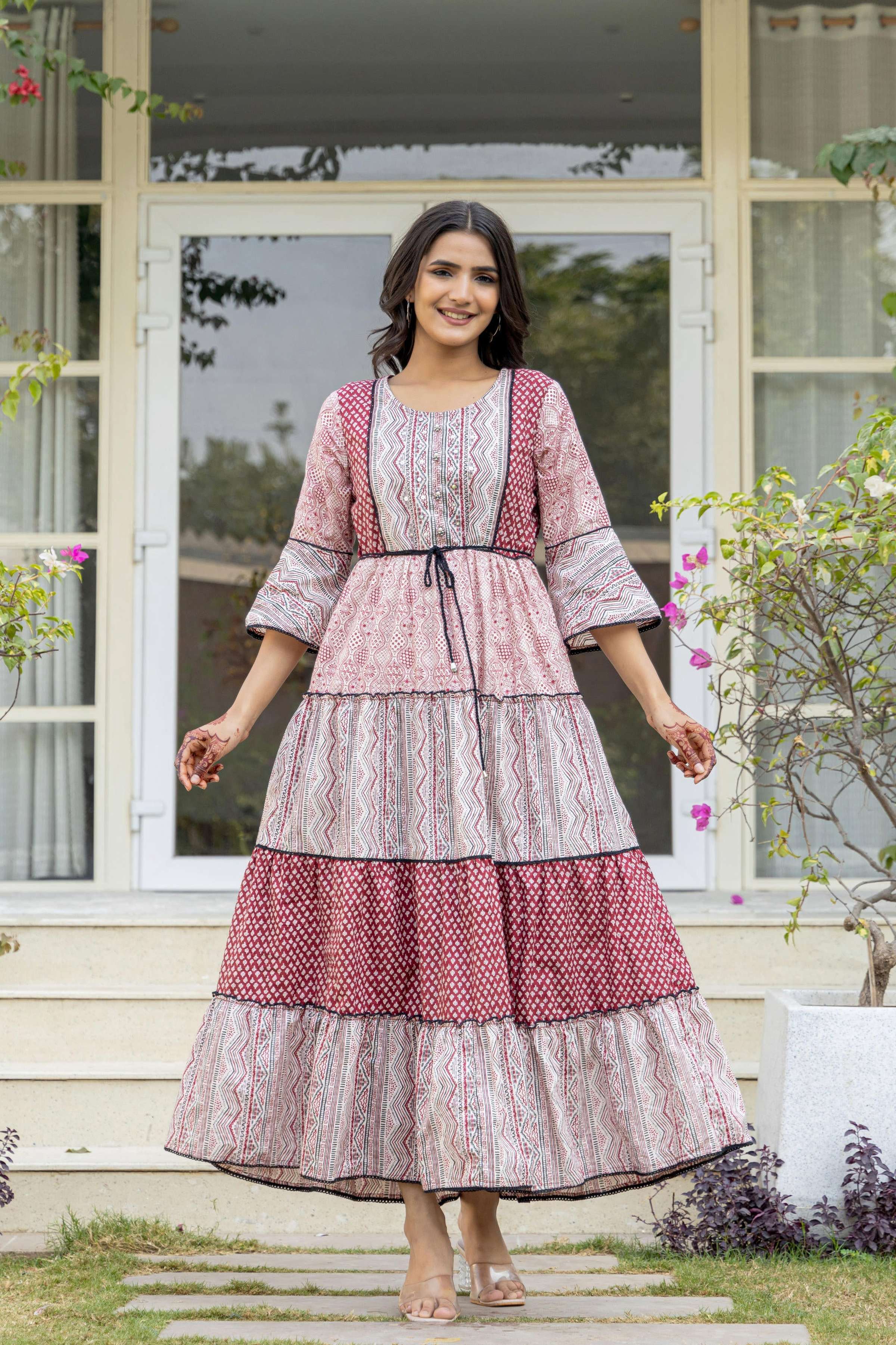 Juniper Red Ethnic Motif Printed Cotton Long Dress With Sequins & Doris