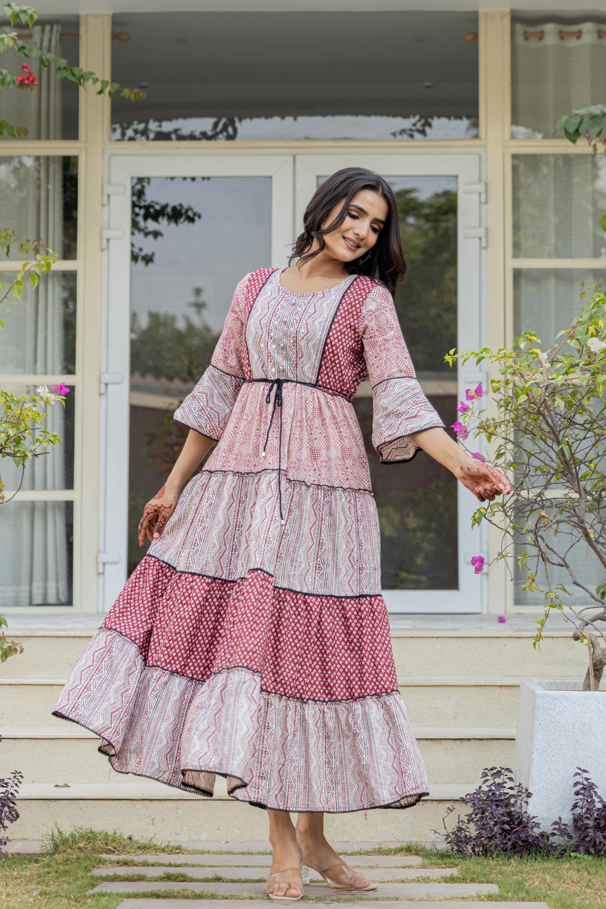 Juniper Red Ethnic Motif Printed Cotton Long Dress With Sequins & Doris - Distacart