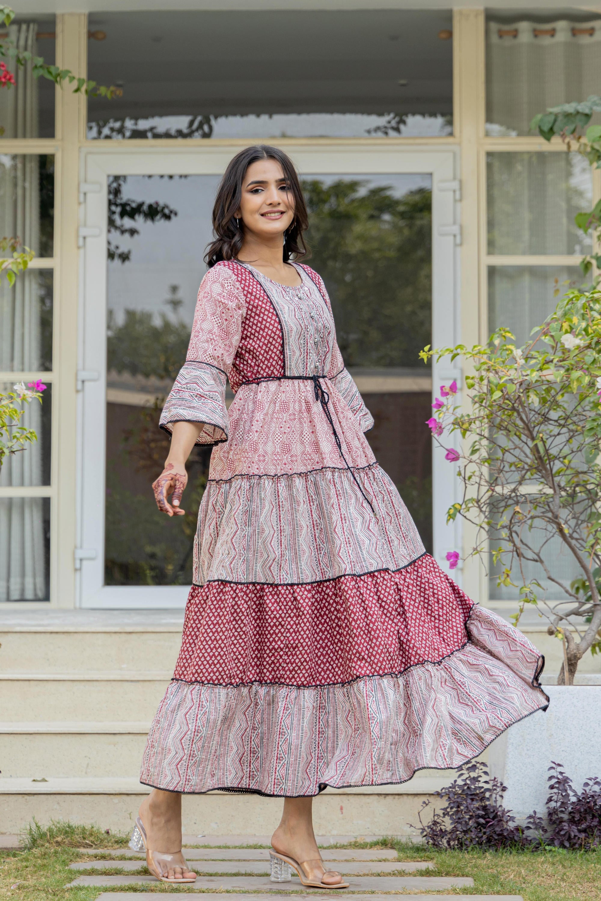 Juniper Red Ethnic Motif Printed Cotton Long Dress With Sequins & Doris