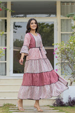 Thumbnail for Juniper Red Ethnic Motif Printed Cotton Long Dress With Sequins & Doris