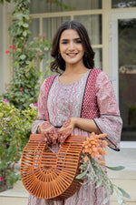 Thumbnail for Juniper Red Ethnic Motif Printed Cotton Long Dress With Sequins & Doris