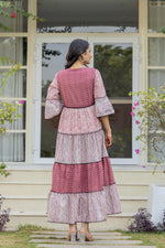 Thumbnail for Juniper Red Ethnic Motif Printed Cotton Long Dress With Sequins & Doris