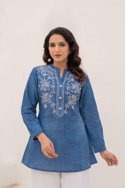Juniper Blue Solid Cotton Tunic With Thread Work & Buttons - Distacart