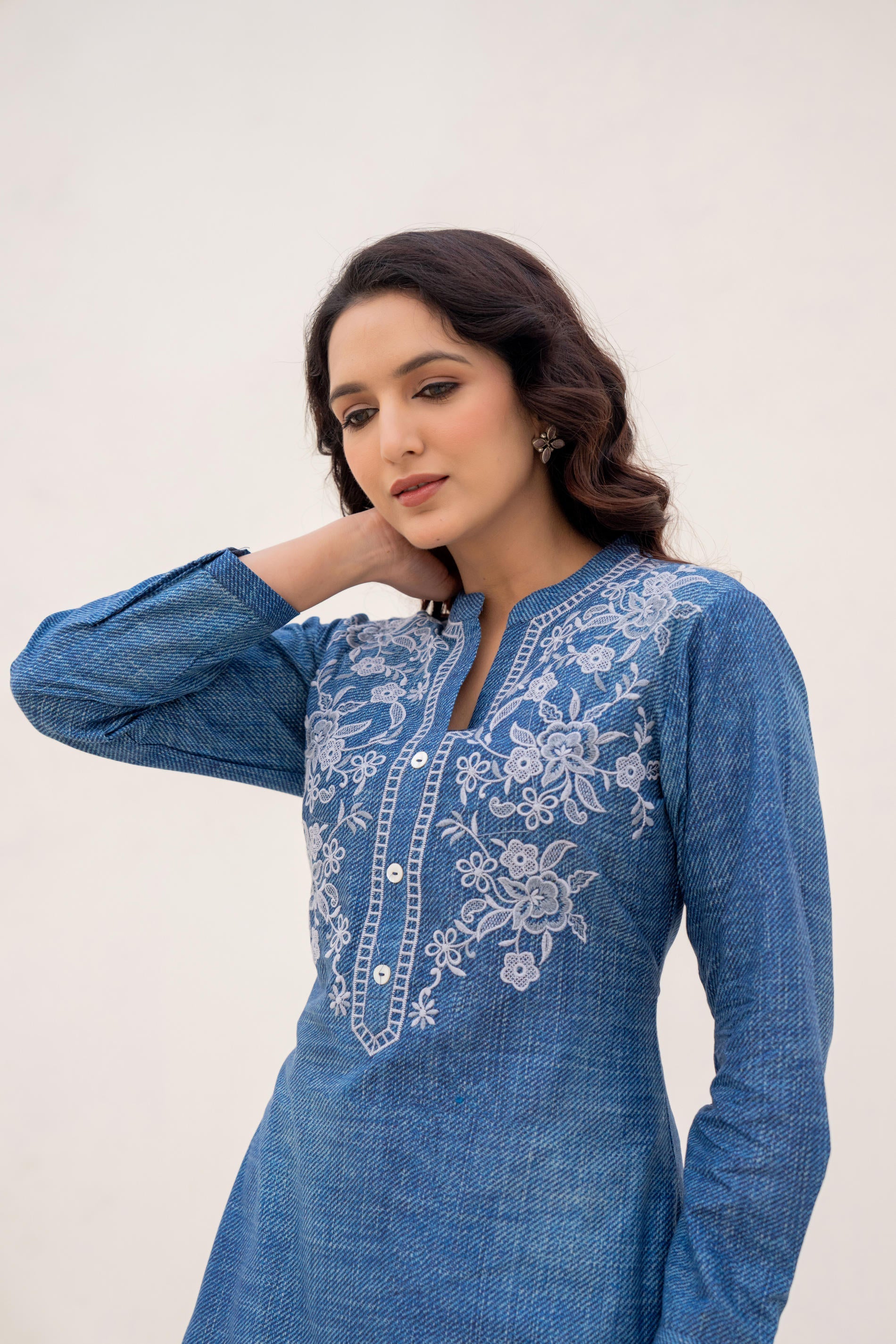 Juniper Blue Solid Cotton Tunic With Thread Work And Buttons - Distacart