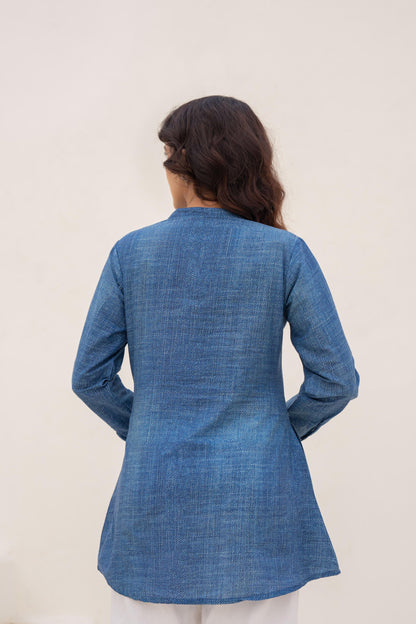 Juniper Blue Solid Cotton Tunic With Thread Work And Buttons - Distacart