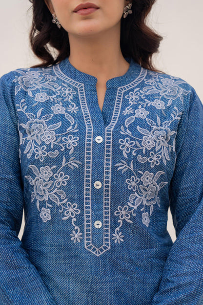 Juniper Blue Solid Cotton Tunic With Thread Work And Buttons - Distacart