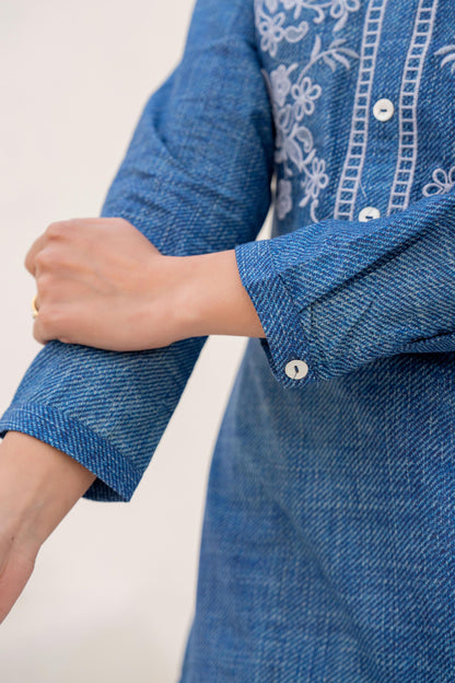 Juniper Blue Solid Cotton Tunic With Thread Work And Buttons - Distacart