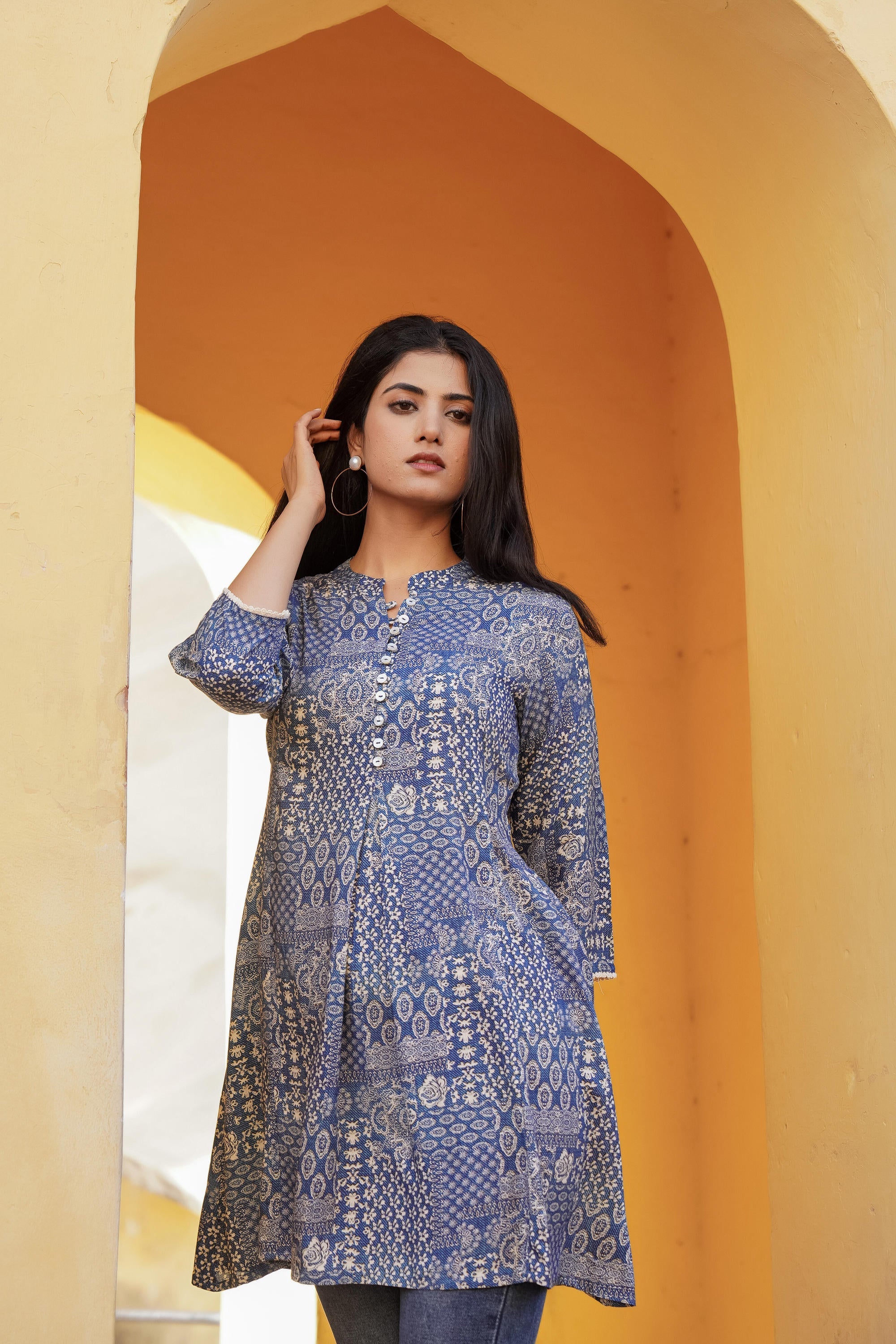 Juniper Blue Ethnic Motif Printed Viscose Tunic With Buttons - Distacart