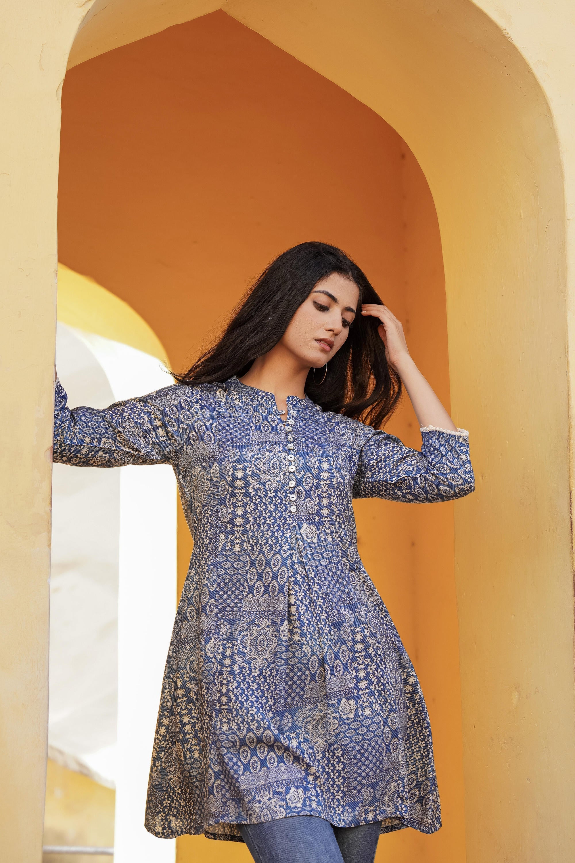 Juniper Blue Ethnic Motif Printed Viscose Tunic With Buttons - Distacart