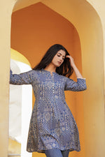 Thumbnail for Juniper Blue Ethnic Motif Printed Viscose Tunic With Buttons - Distacart