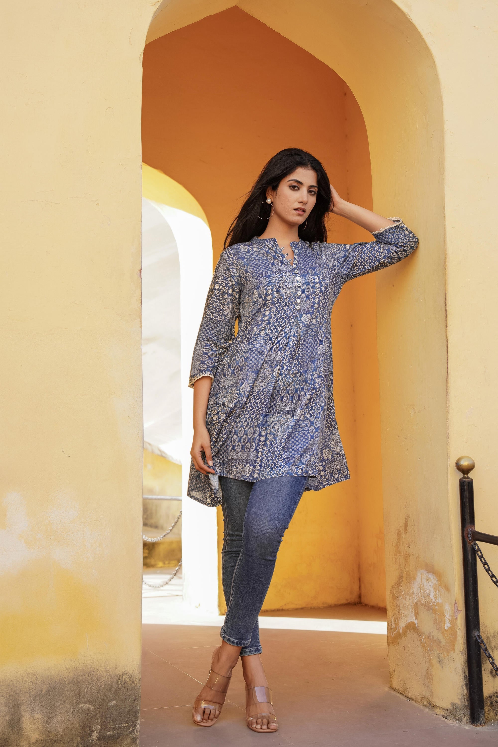 Juniper Blue Ethnic Motif Printed Viscose Tunic With Buttons - Distacart