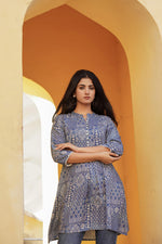 Thumbnail for Juniper Blue Ethnic Motif Printed Viscose Tunic With Buttons - Distacart