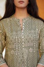 Thumbnail for Juniper Green Ethnic Motif Printed Viscose Tunic With Buttons - Distacart