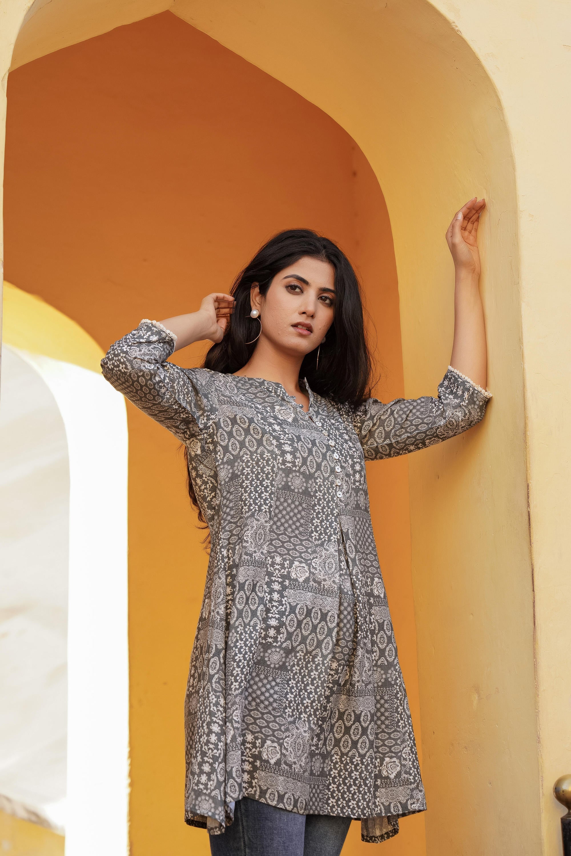 Juniper Grey Ethnic Motif Printed Viscose Tunic With Buttons - Distacart