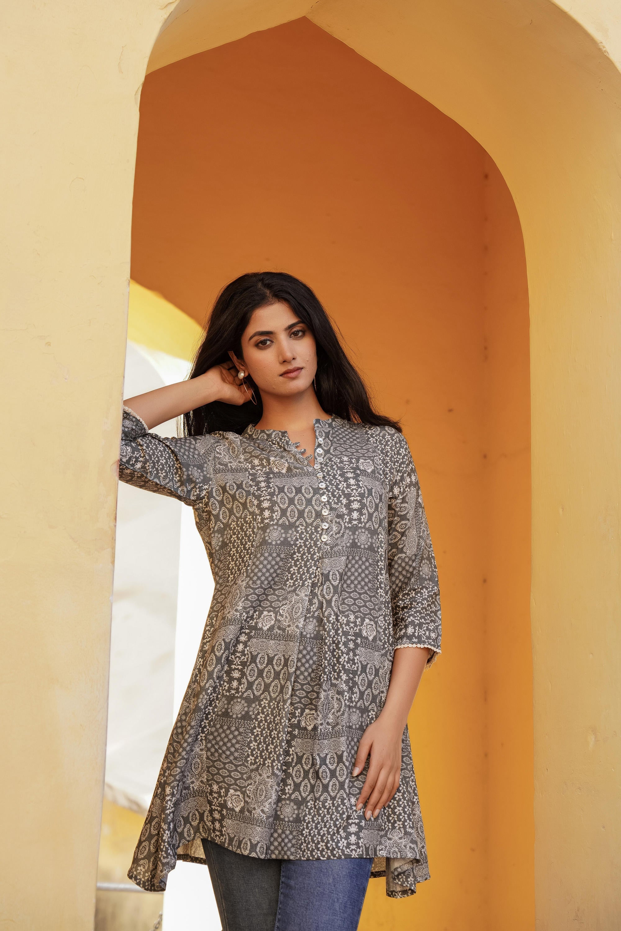 Juniper Grey Ethnic Motif Printed Viscose Tunic With Buttons - Distacart