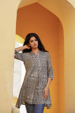Thumbnail for Juniper Grey Ethnic Motif Printed Viscose Tunic With Buttons - Distacart
