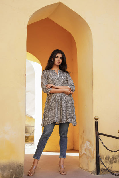 Juniper Grey Ethnic Motif Printed Viscose Tunic With Buttons - Distacart