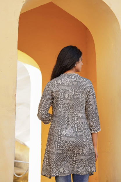 Juniper Grey Ethnic Motif Printed Viscose Tunic With Buttons - Distacart