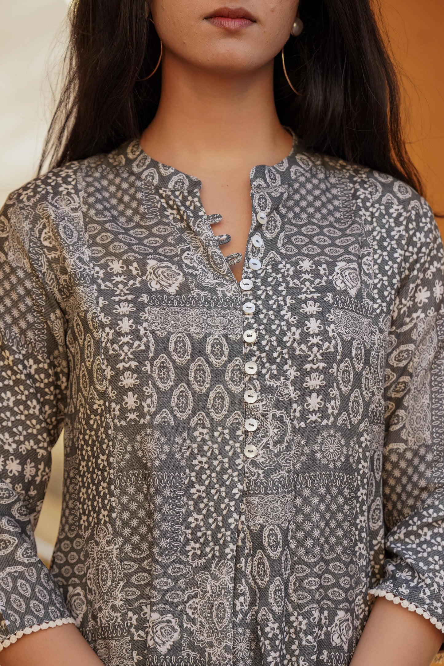 Juniper Grey Ethnic Motif Printed Viscose Tunic With Buttons - Distacart