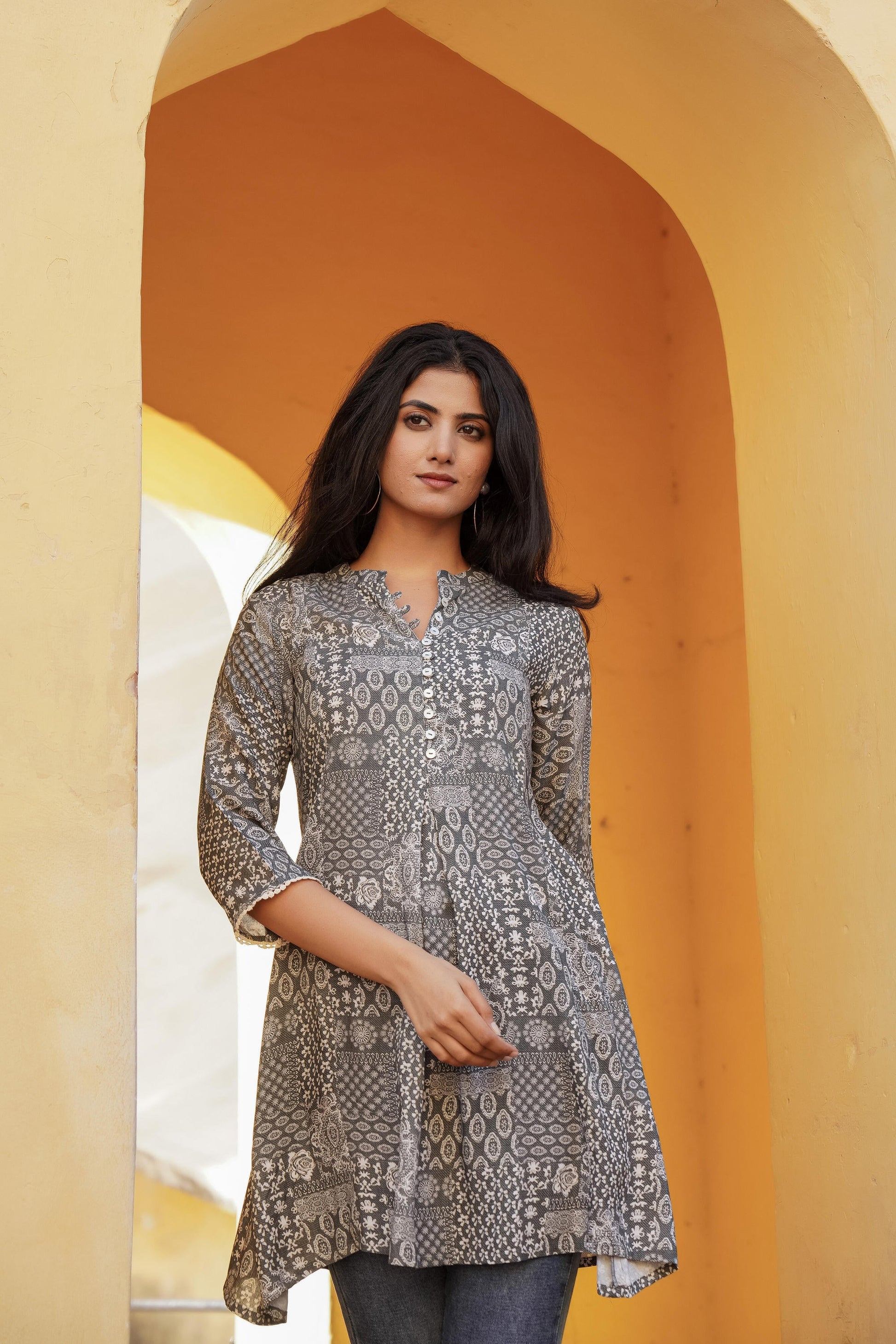 Juniper Grey Ethnic Motif Printed Viscose Tunic With Buttons - Distacart