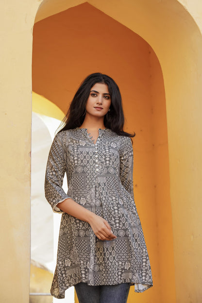 Juniper Grey Ethnic Motif Printed Viscose Tunic With Buttons - Distacart