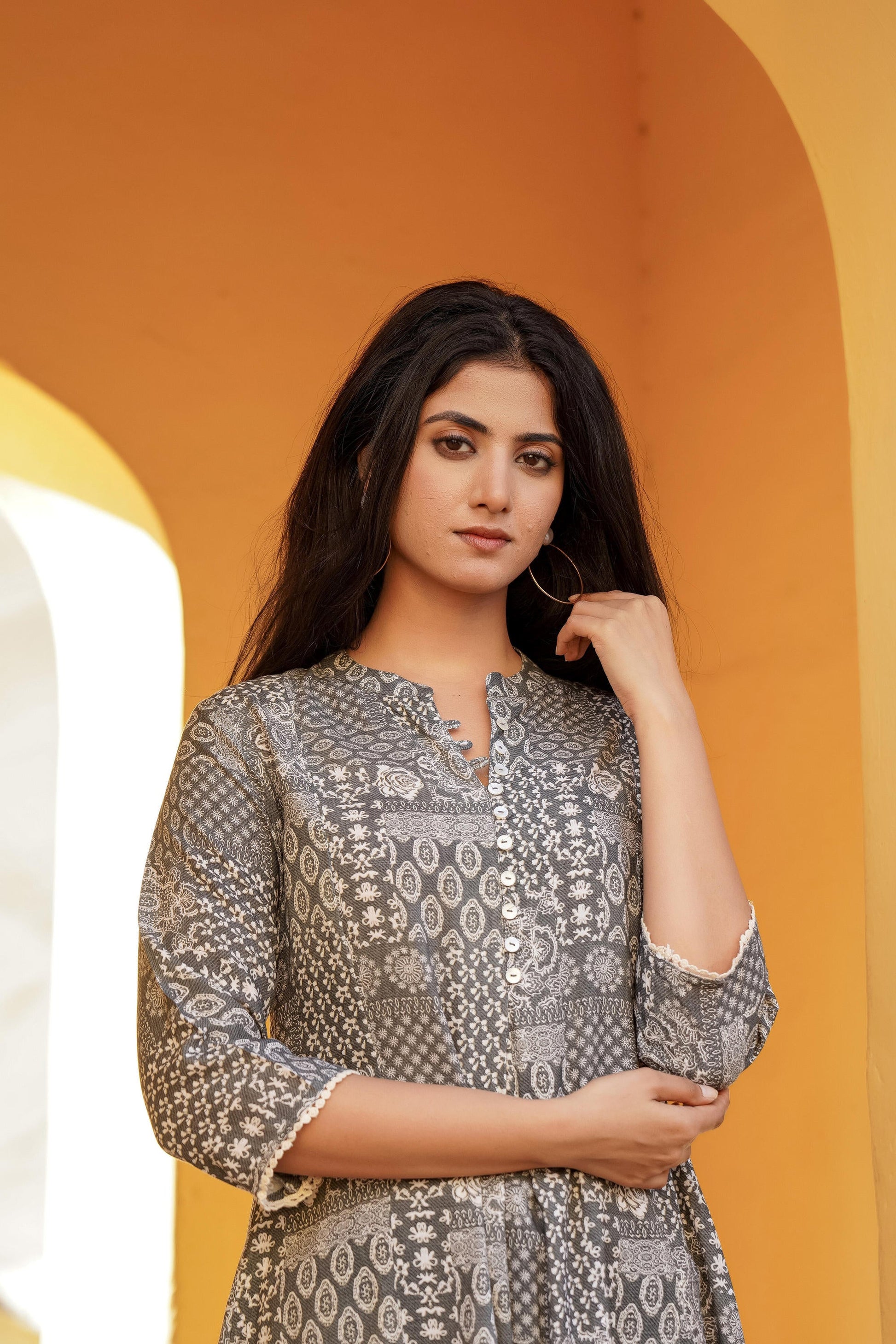 Juniper Grey Ethnic Motif Printed Viscose Tunic With Buttons - Distacart