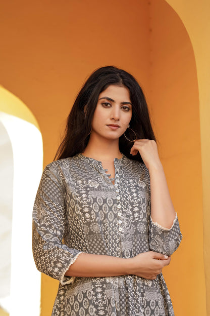 Juniper Grey Ethnic Motif Printed Viscose Tunic With Buttons - Distacart