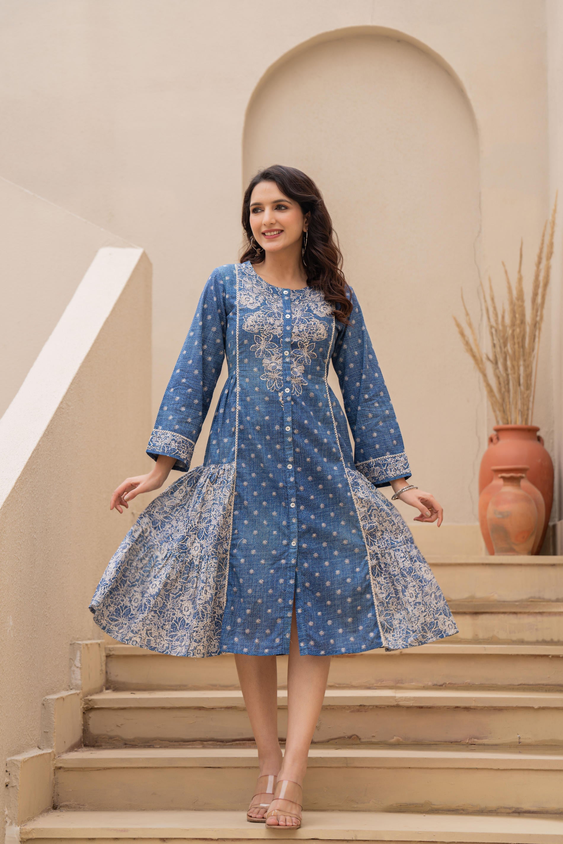 Juniper Blue Printed Cotton Dress With Lace & Buttons