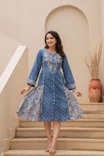 Thumbnail for Juniper Blue Printed Cotton Dress With Lace & Buttons