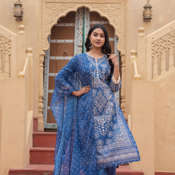 Juniper Indigo Blue Bloom Ethnic Print Straight Kurta Set With Dupatta