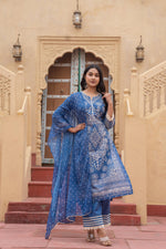 Thumbnail for Juniper Indigo Blue Bloom Ethnic Print Straight Kurta Set With Dupatta