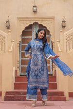 Thumbnail for Juniper Indigo Blue Bloom Ethnic Print Straight Kurta Set With Dupatta