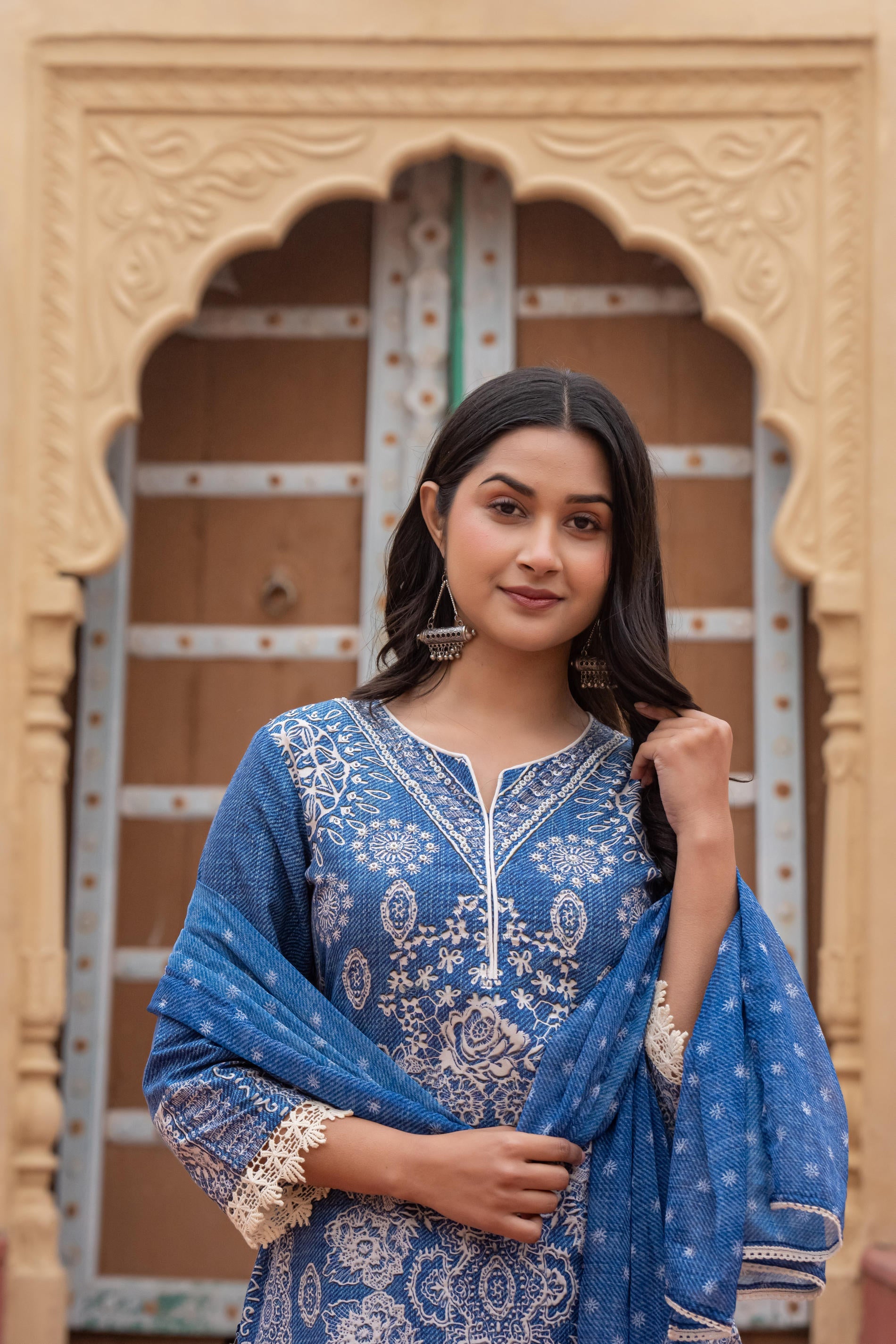 Juniper Indigo Blue Bloom Ethnic Print Straight Kurta Set With Dupatta