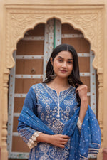 Thumbnail for Juniper Indigo Blue Bloom Ethnic Print Straight Kurta Set With Dupatta