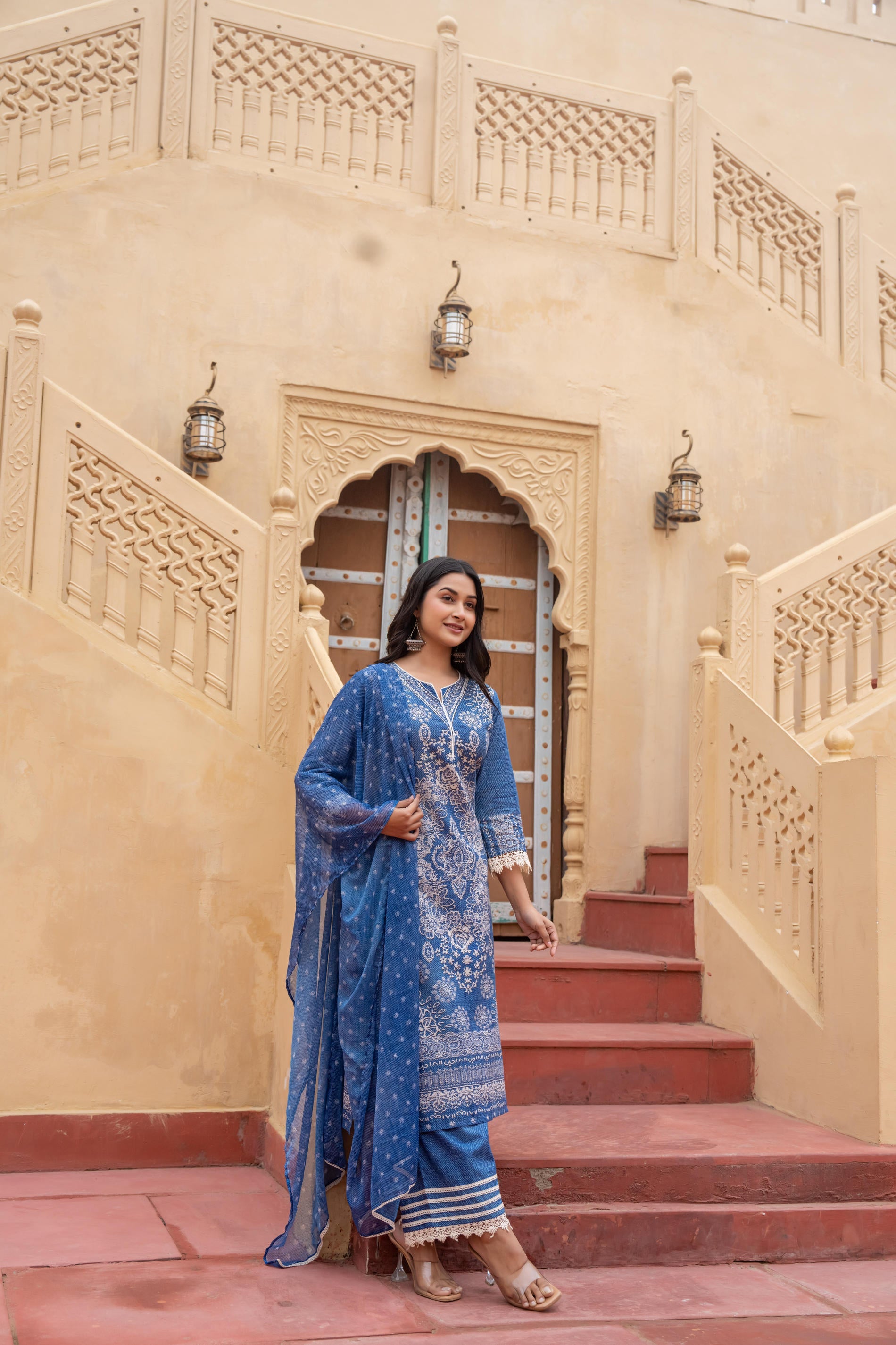 Juniper Indigo Blue Bloom Ethnic Print Straight Kurta Set With Dupatta