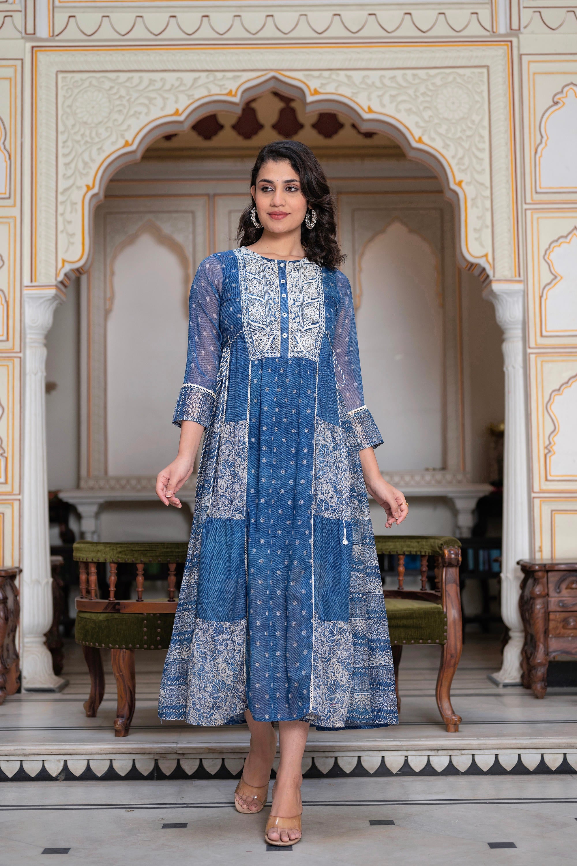 Juniper Blue Floral Embroidered Cotton Dress With Tassels & Denim Look - Distacart
