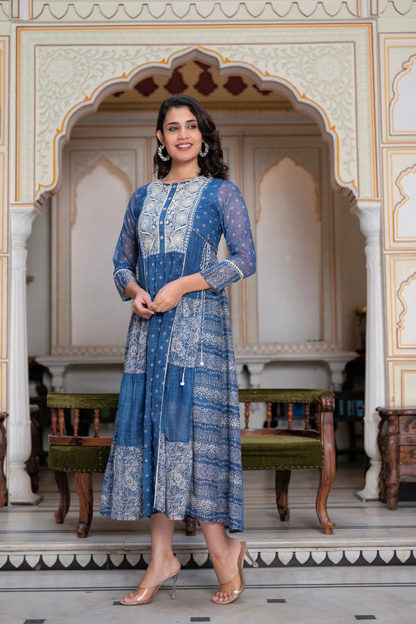 Juniper Blue Floral Embroidered Cotton Dress with Tassels & Denim Look - Distacart