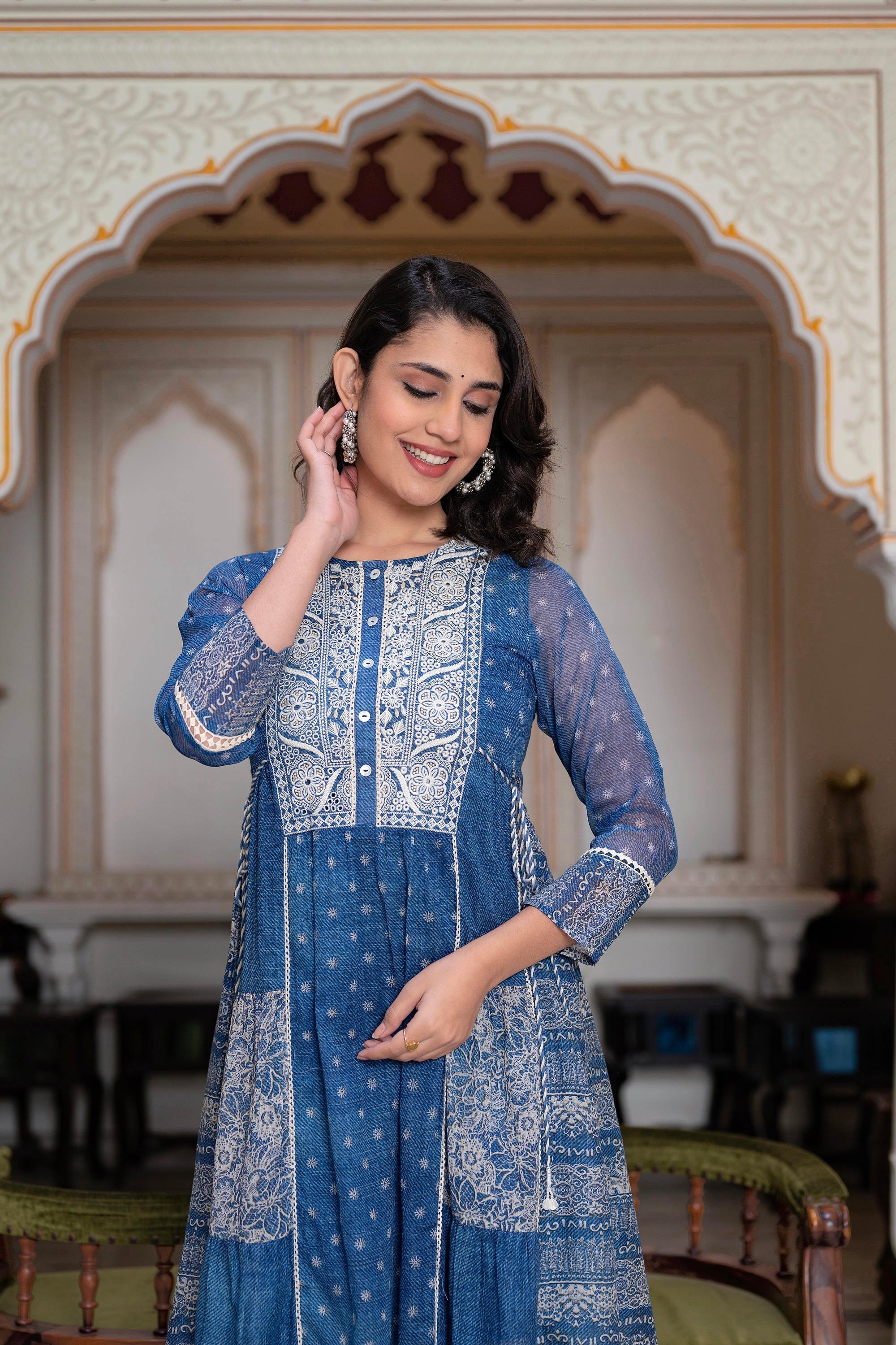 Juniper Blue Floral Embroidered Cotton Dress With Tassels & Denim Look